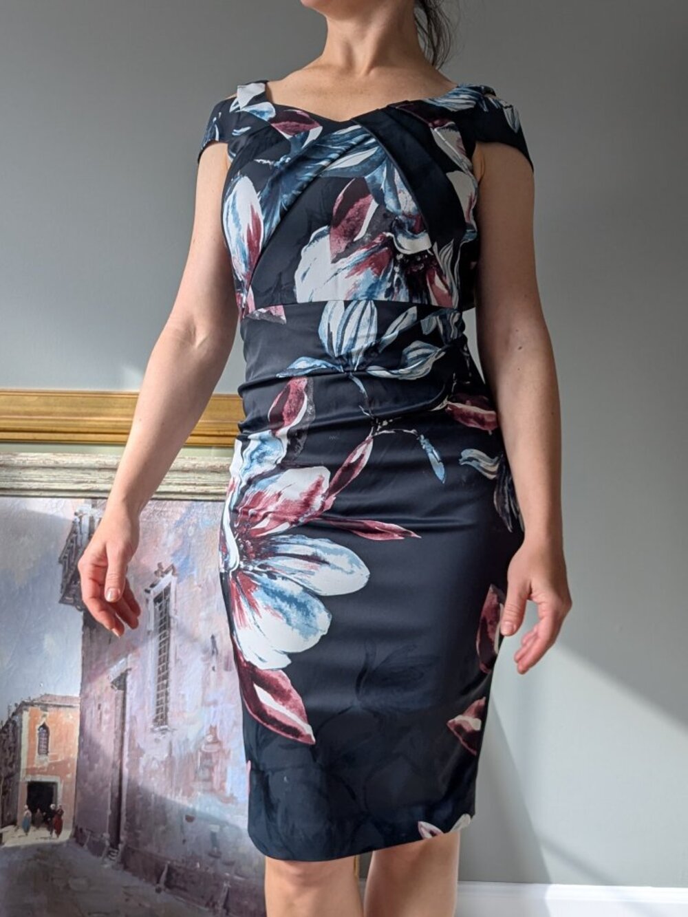 Karen Millen US 4 Black Floral Print Knee-Length Workwear Event Sheath Dress